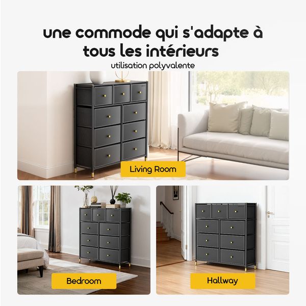 NoirDresser Commode de Rangement 9 Tiroirs Grande Capacité – Cadre en Acier