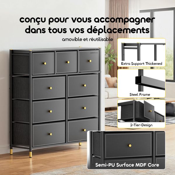 NoirDresser Commode de Rangement 9 Tiroirs Grande Capacité – Cadre en Acier