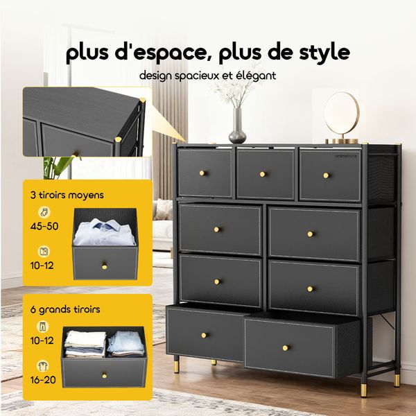 NoirDresser Commode de Rangement 9 Tiroirs Grande Capacité – Cadre en Acier
