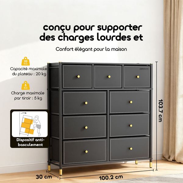 NoirDresser Commode de Rangement 9 Tiroirs Grande Capacité – Cadre en Acier