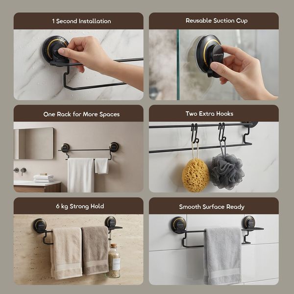 HookBar 6kg Load Capacity Reusable Suction Cup Towel Rail with Extra Hooks