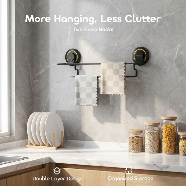 HookBar 6kg Load Capacity Reusable Suction Cup Towel Rail with Extra Hooks