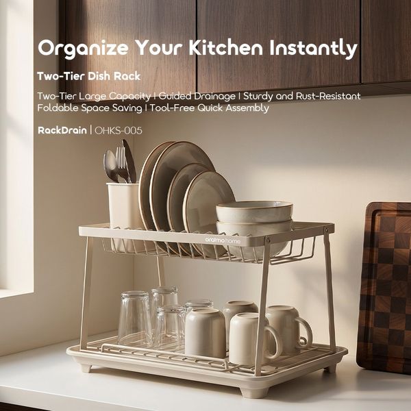 RackDrain Foldable Two-Tier Dish Rack with Guided Drainage