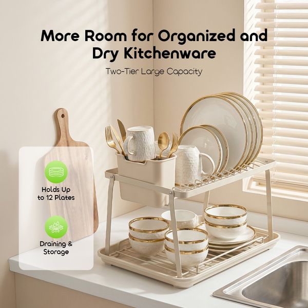RackDrain Foldable Two-Tier Dish Rack with Guided Drainage