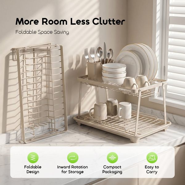RackDrain Foldable Two-Tier Dish Rack with Guided Drainage
