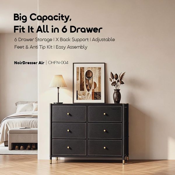 NoirDresser Air Spacious Sturdy Storage Dresser with 6 Drawers
