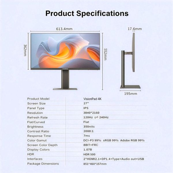 VisionPad 4K 27-Inch Computer Screen Monitor | 4K HD