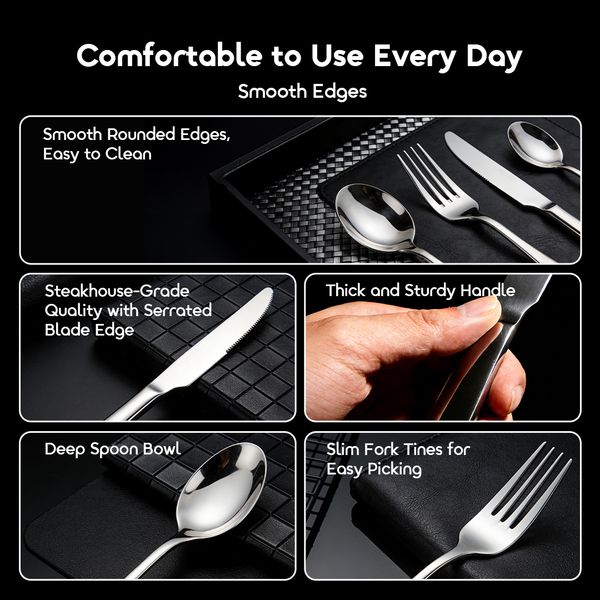HomeServe Smooth Edges Food-Grade 430 Steel Flatware Set (4 x 6 pcs)