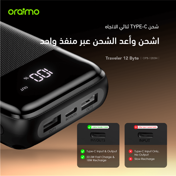 Traveler 12 Byte باور بانك بسعة 20000 مللي أمبير بقوة 12 وات