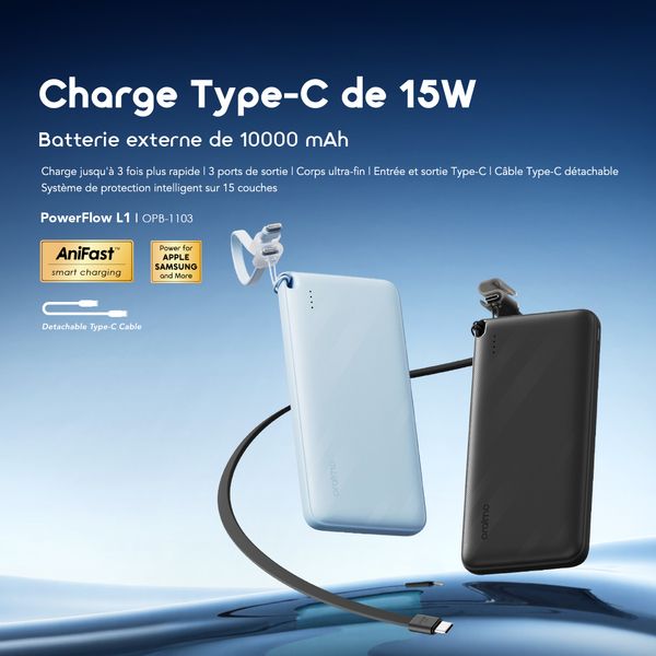 10000mAh Power Bank PowerFlow L1 efficace et fin