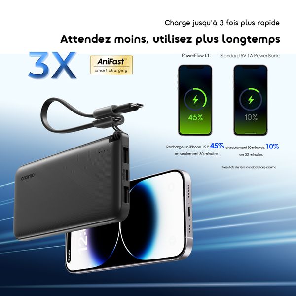 10000mAh Power Bank PowerFlow L1 efficace et fin