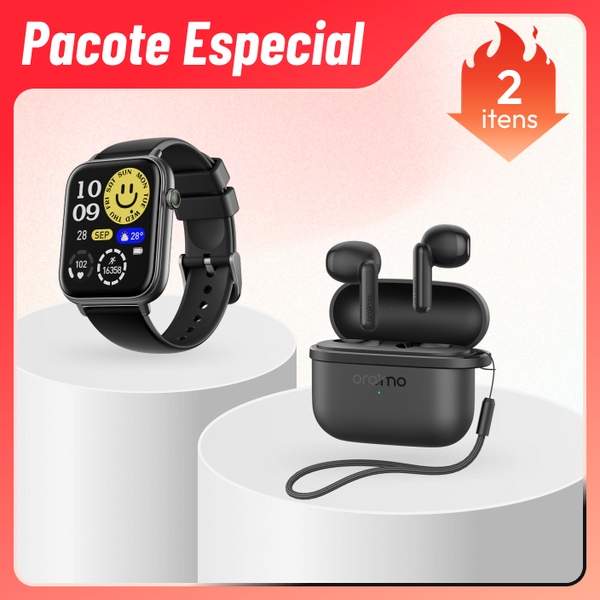 Watch 6N & SpaceBuds Air Smartwatch com ecrã a cores sensível ao toque de 1,83 polegadas e auscultadores sem fios com localizador inteligente e 38 horas de autonomia.