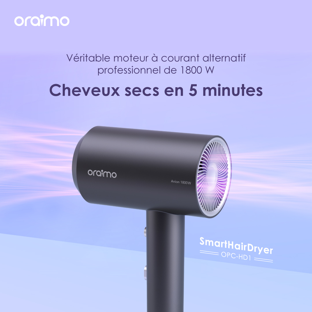 Produit oraimo SmartHairDryer 1800W d'ions négatifs sèche-cheveux