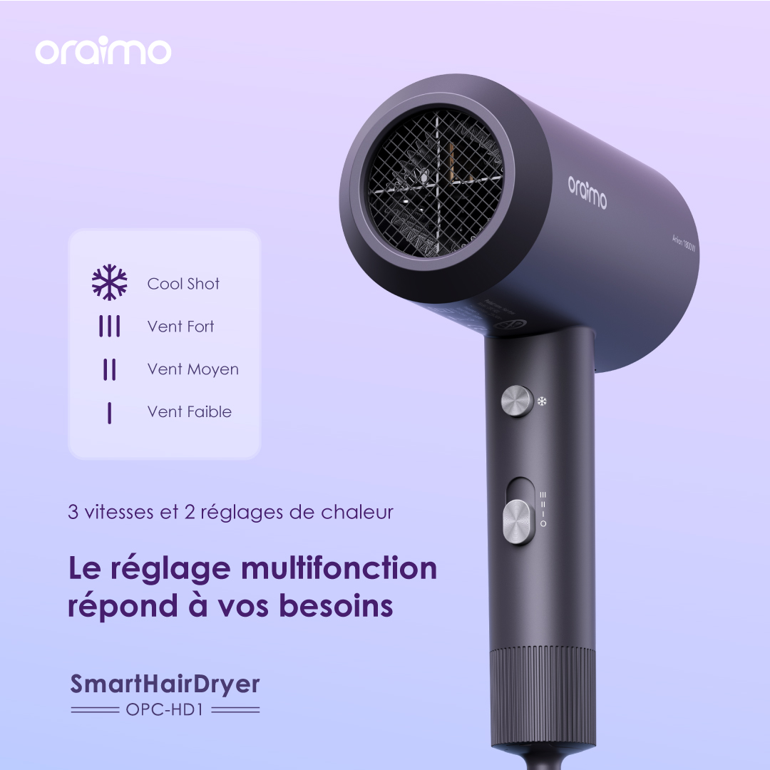Produit oraimo SmartHairDryer 1800W d'ions négatifs sèche-cheveux